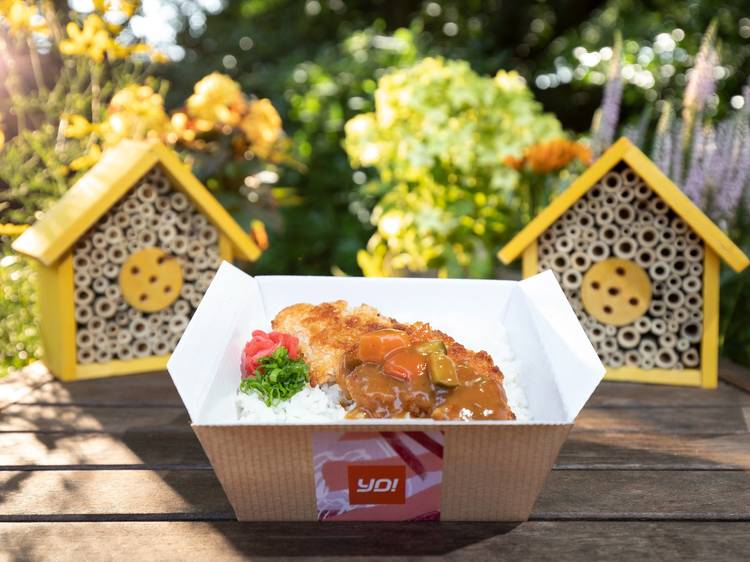 A box of rice and curry in front of 2 small insect houses with flowers in the background