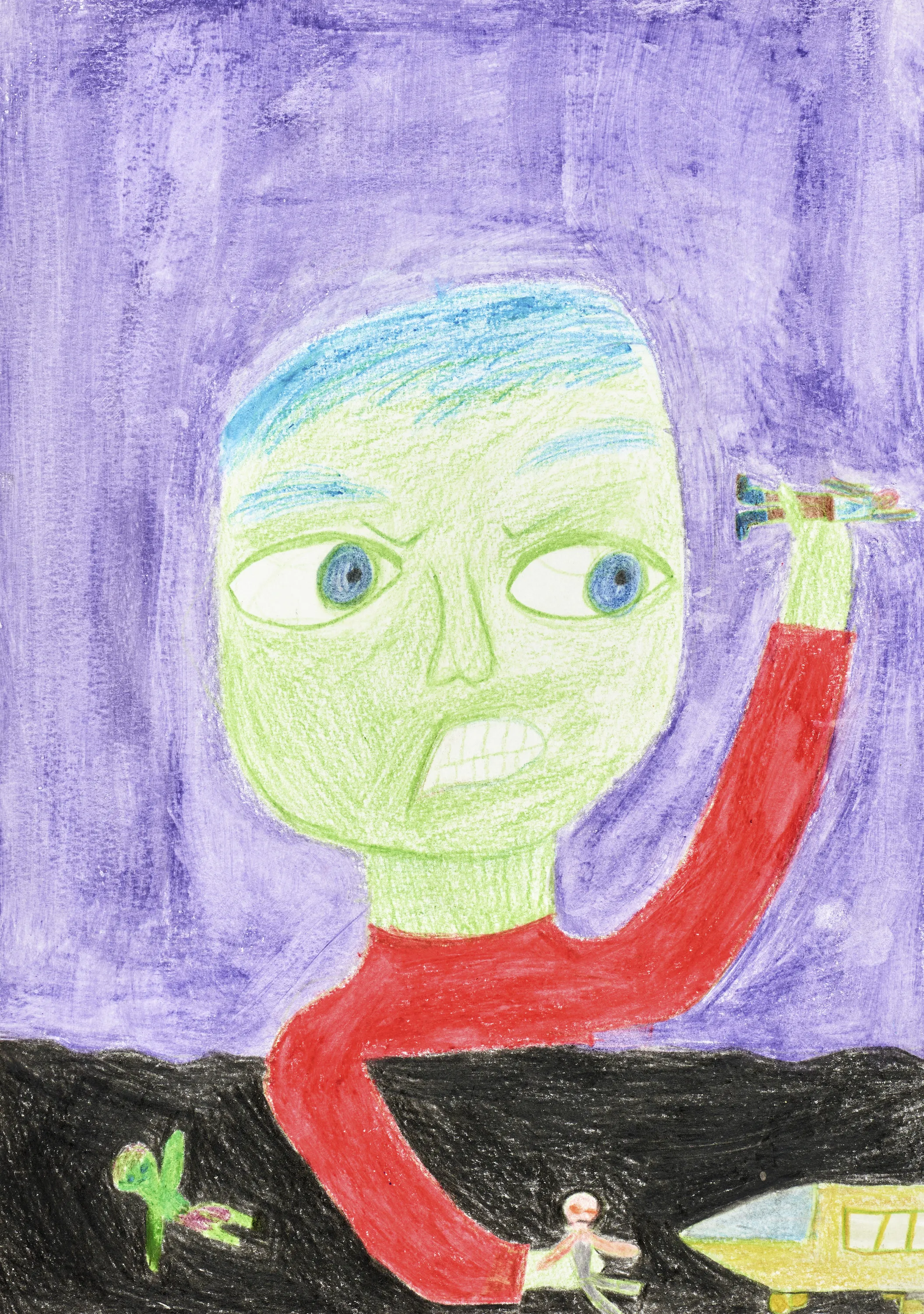 a portrait of a green-skinned boy playing with action figures