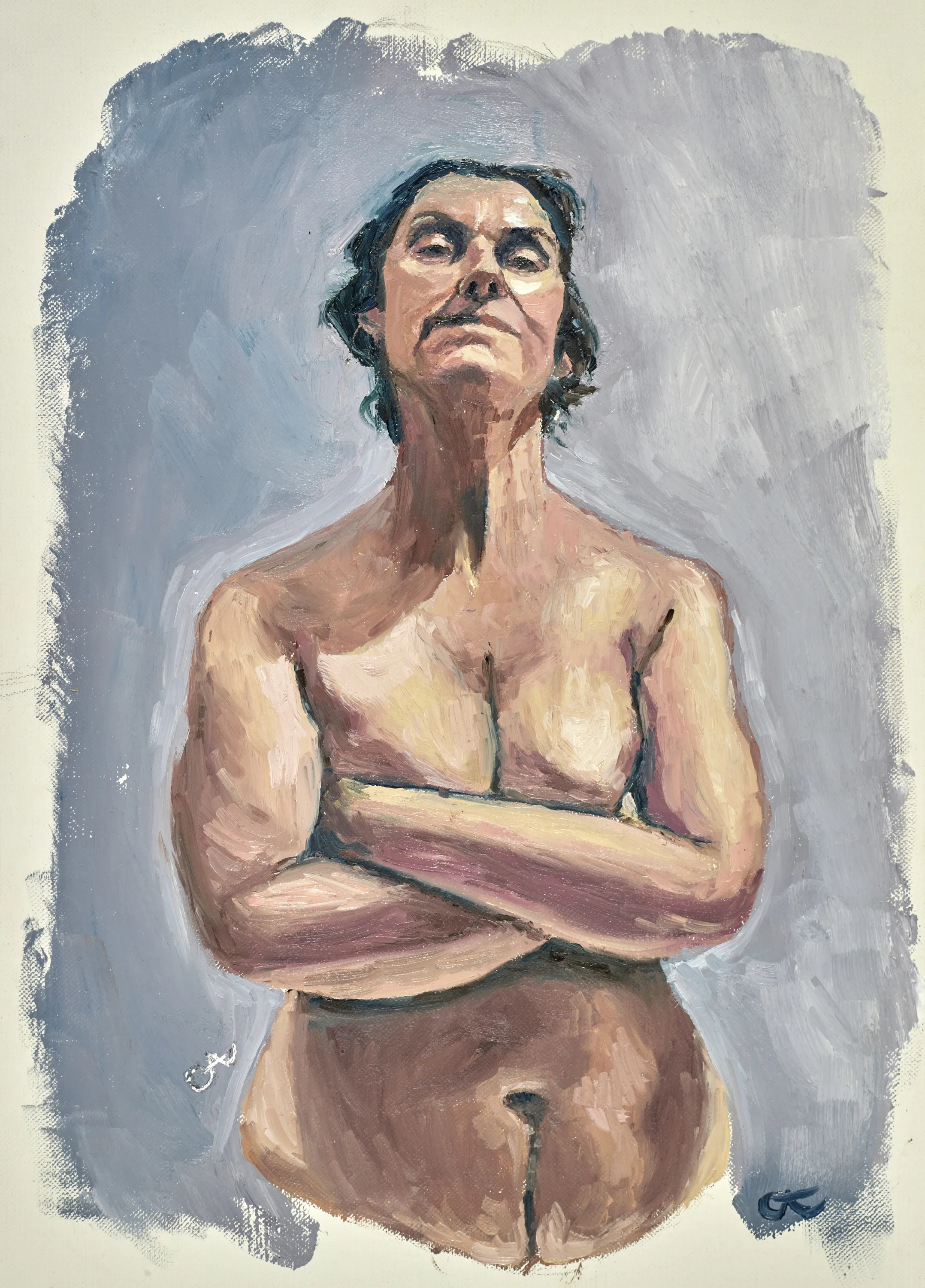 A naked portrait of a woman covering her breasts with folded arms
