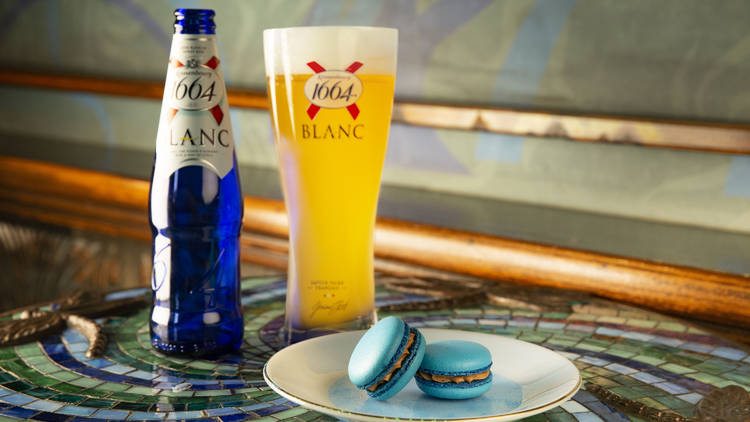 Foie gras macarons paired with 1664 Blanc