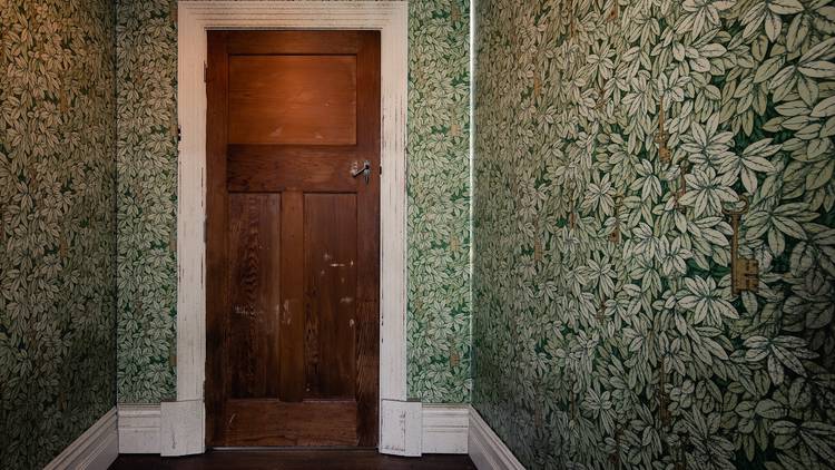 A wooden door in a narrow hallway with leaf patterned wallpaper