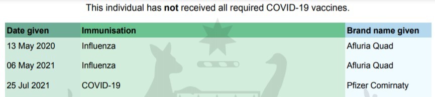 Immunisation record showing one Covid-19 vaccination and 2 influenza vaccinations