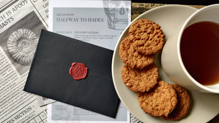 An envelope and newspaper with a plate of cookies and a tea on top. 