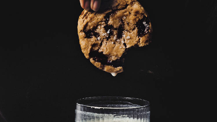 Fool's Errand Kelly Fields chocolate chip cookie with milk