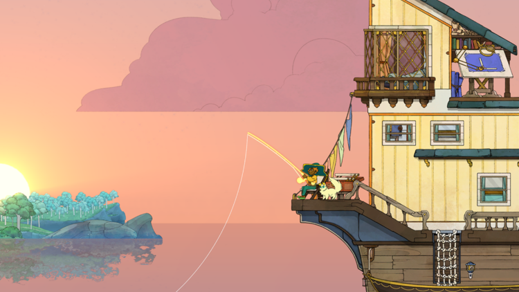 A screenshot from the game Spiritfarer showing the main character Stella fishing off her boat.