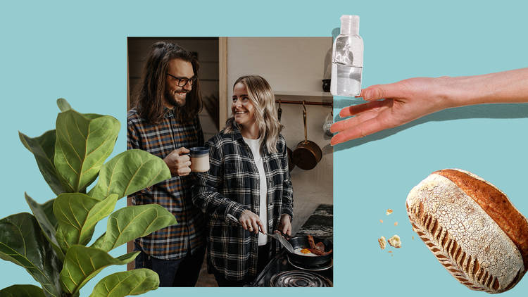 A photo of a couple cooking together is surrounded by a plant, a loaf of bread and hand sanitiser