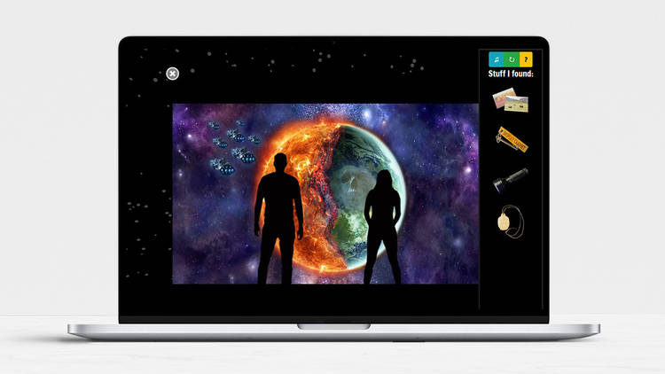 an online escape room showing two silhouetted figures facing a planet, as shown on a laptop 