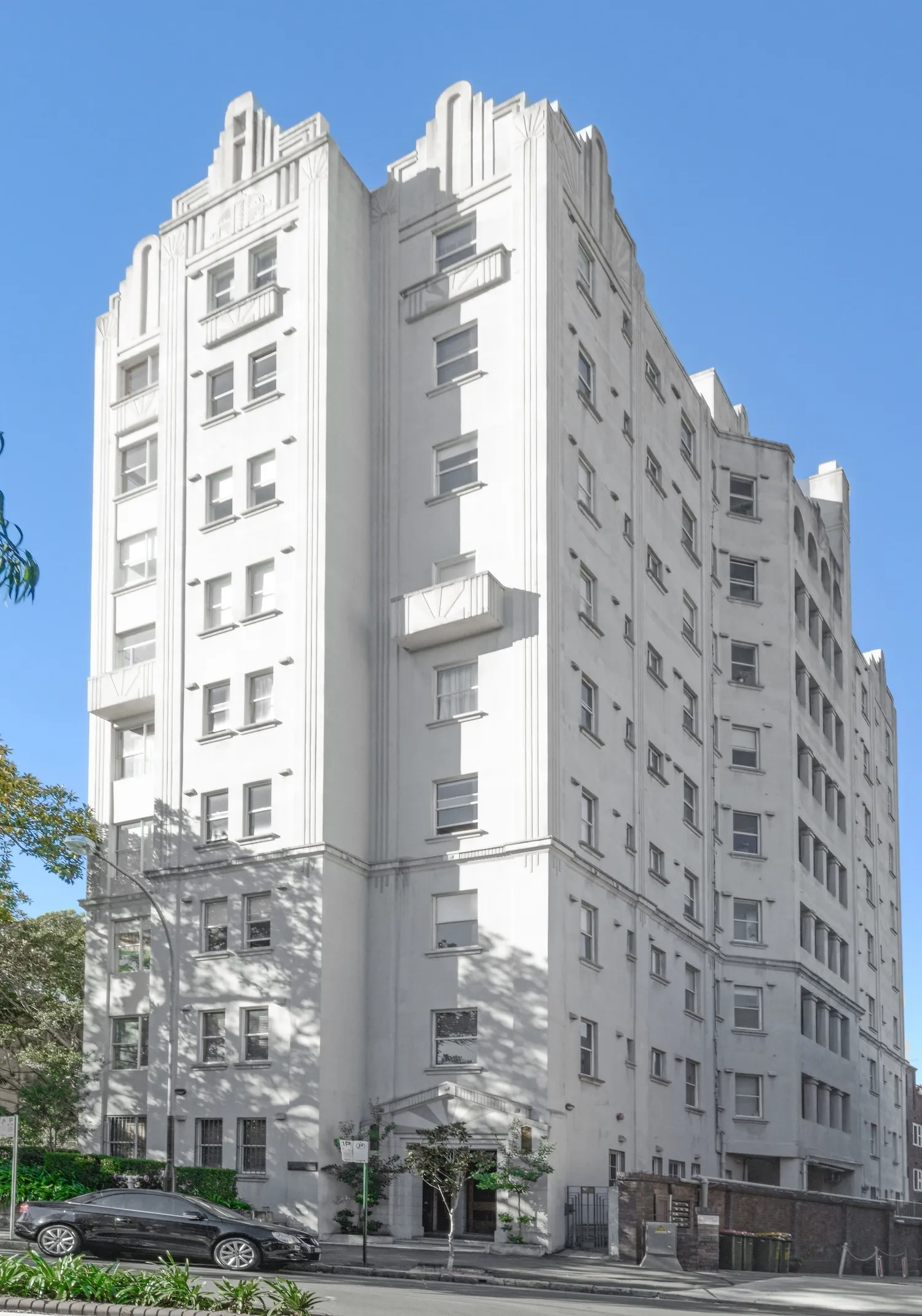 The Art deco facade of Adereham Hall in Elizabeth Bay