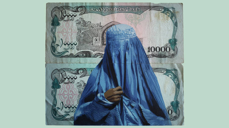 A stencil artwork depicting an Afghani woman in a burqa on a banknote