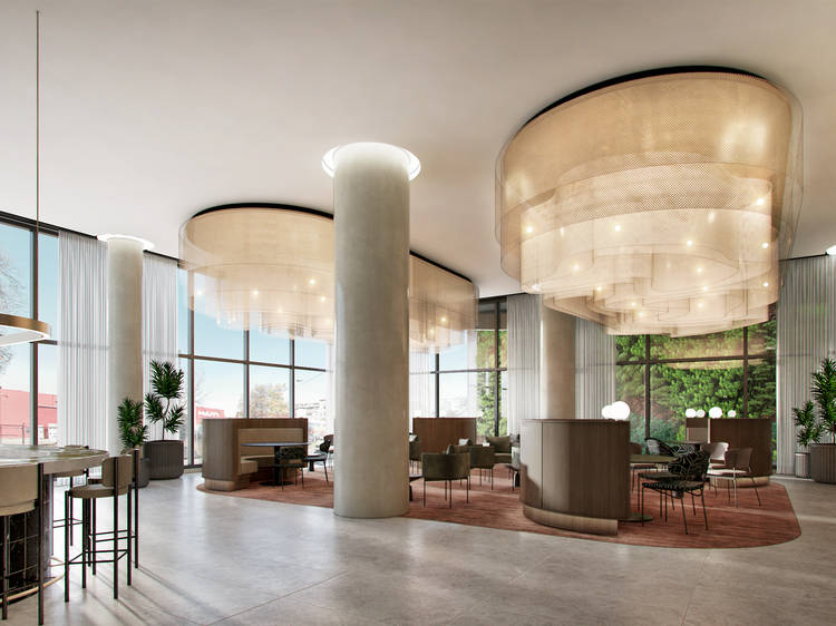 The lobby of the new Oakwood Premier Melbourne hotel. 