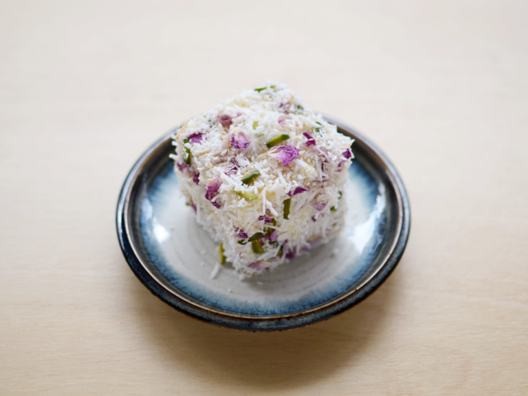 lamington on Japanese style plates on a light wooden table