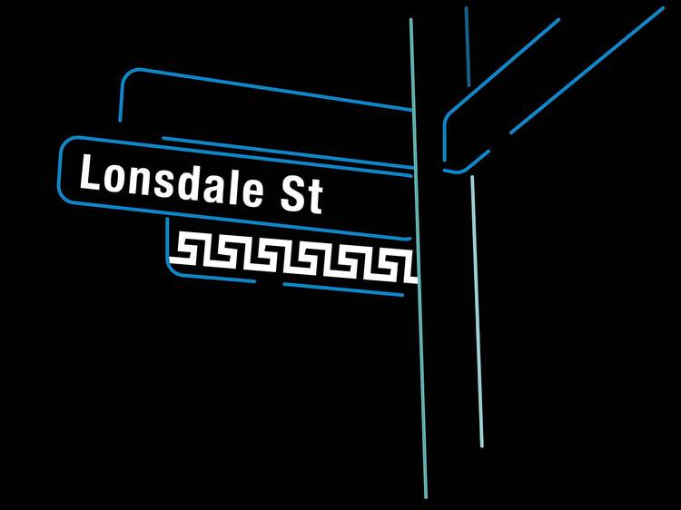 Lonsdale Street's sign with the Greek meander below it