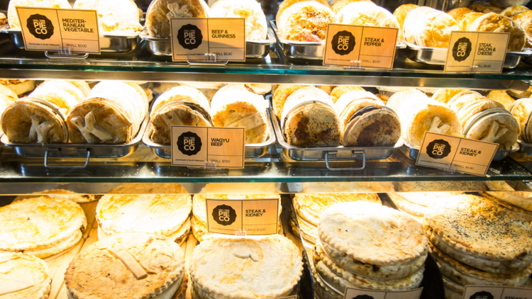 A display of fresh pies and pastries from South Melbourne Market.