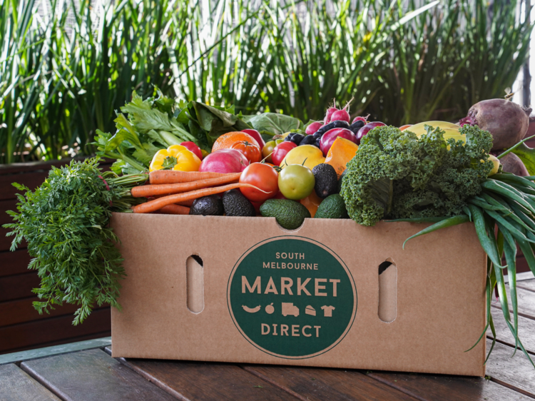 A box of fresh vegetables and fruits from the South Melbourne Market. 