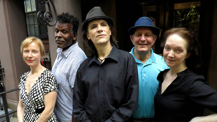 Actors of "Roles and Rules of Comedy" by Harold Dean James at entrance to The Players, 16 Gramercy Park South:  (L-R) Donna Kennedy, Jesse N. Holmes, FitzyFitz, Paul Albe, Sharon Fogarty.  