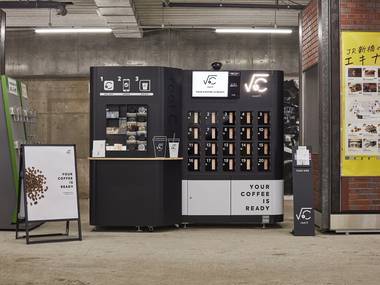 You can pick up coffee you've pre-ordered from this robot kiosk in Shinbashi You can pick up coffee you've pre-ordered from this robot kiosk in Shinbashi