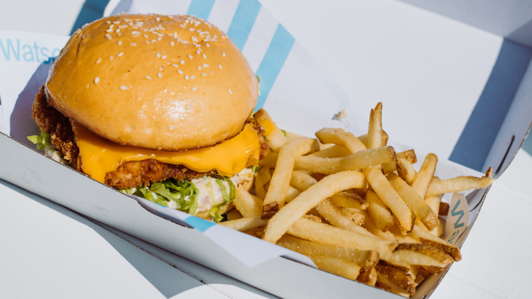 Beef burger and chips in a take away box