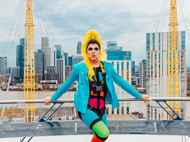 Drag Up at the O2 Drag queen Herr stands on the roof of the O2 in front of the London skyline