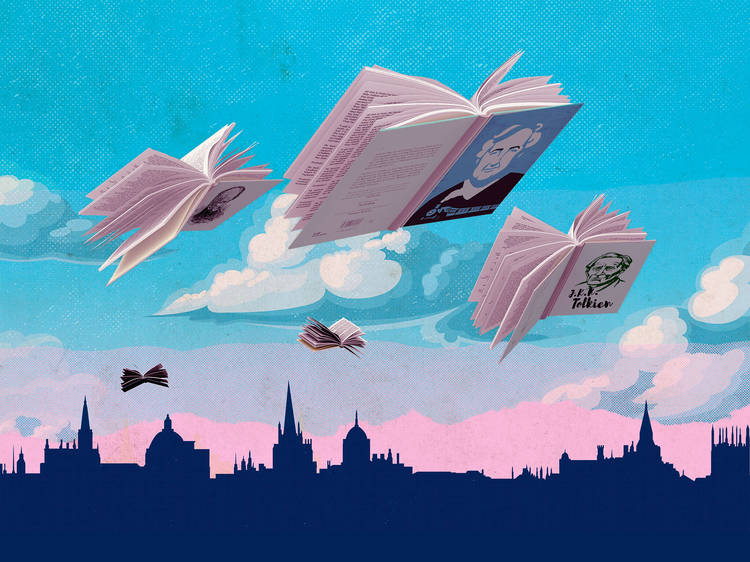 An illustration of flying books over a skyline