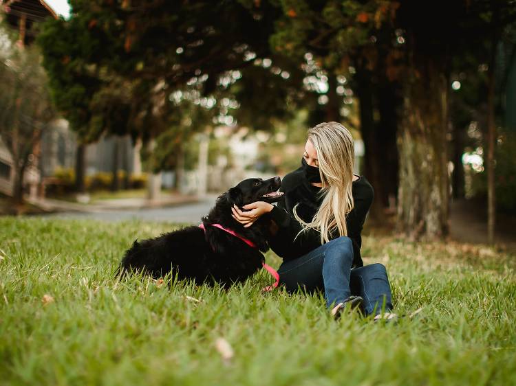 Woman wearing a mask sitting in a park with a dog