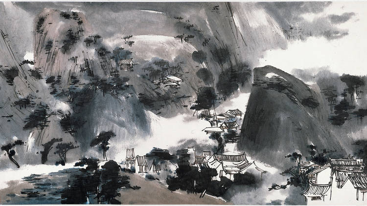 Lui Shou-Kwan, Wood Houses in the Mountains, 1964, Chinese ink and color on paper, 24 1/4 × 47 1/2 in. (61.5 × 120.5 cm), Los Angeles County Museum of Art, promised gift of the Fondation INK