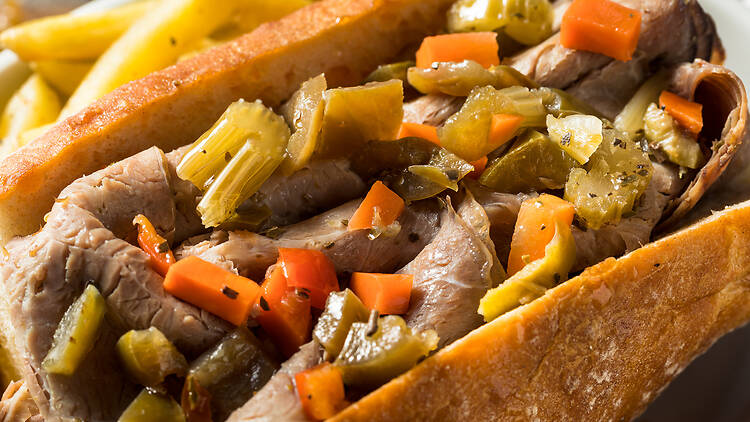 Homemade,Chicago,Italian,Beef,Sandwich,With,Giardanarra,And,Fries Chicago Italian beef sandwich