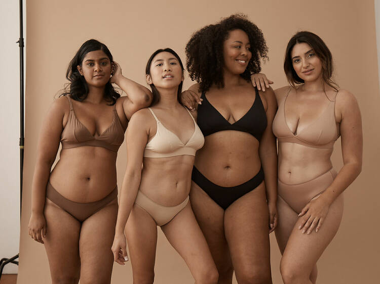 Four women modelling the nude underwear by BU Underwear.