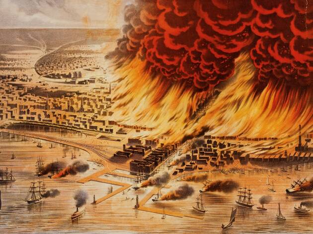 Illustration of a bird's-eye view of the city of Chicago on fire during the Fire of 1871 Illustration of a bird's-eye view of the city of Chicago on fire during the Fire of 1871