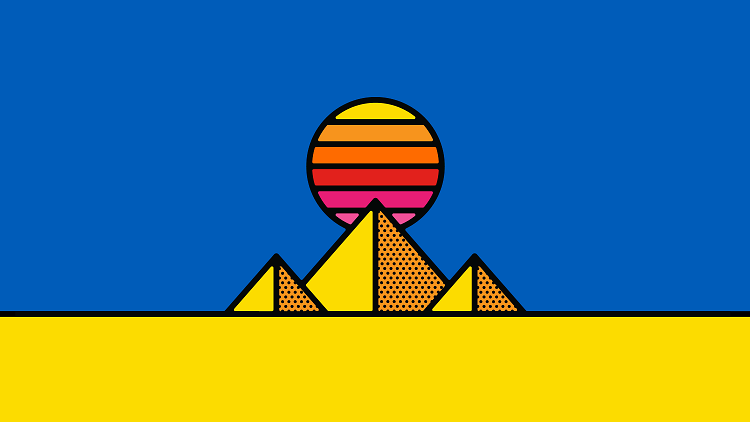 cartoon pop art illustration of pyramids at sunset 