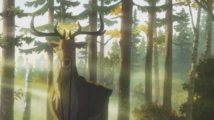 an animated stag in dappled light in a forest