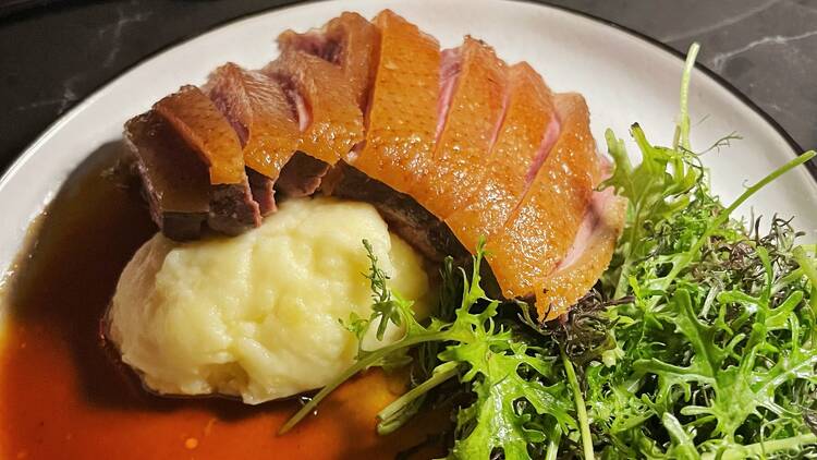 Intercrew's dry aged duck breast with yukon gold mash and mustard frill.