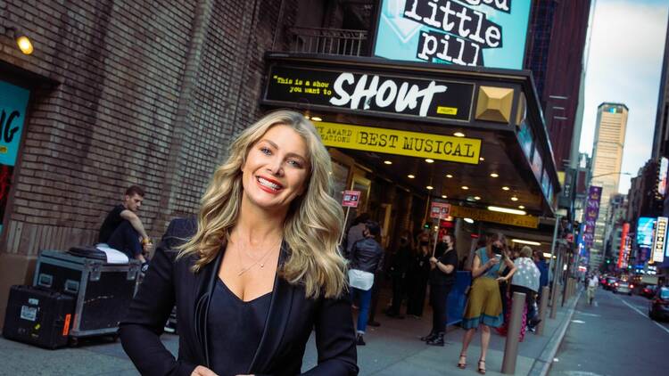 Natalie Bassingthwaighte on a New York Street in front of the Broadway theatre where hit musical Jagged Little Pill is playing