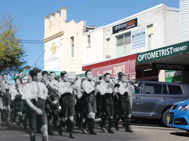 We Are Georges River a black and white archival image of a marching band superimposed on a colour shot of a contemporary street