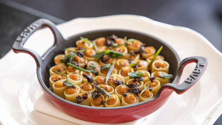 The squash and ricotta filled rigatoni, plated in a cast iron dish, at the Barish in Hollywood.