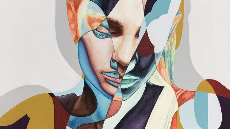 a stunning collage-like abstract of a human figure dissected by colourful overlapping geometric shapes