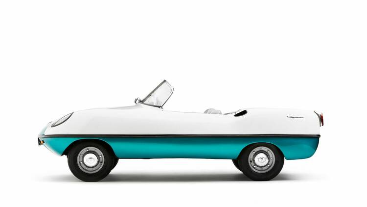 The teal and cream Goggomobil Dart microcar designed in Australia by Bill Buckle