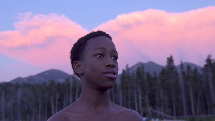 A shirtless teenage boy stares ponderously in front of a tall pine forest and mountains at sunset