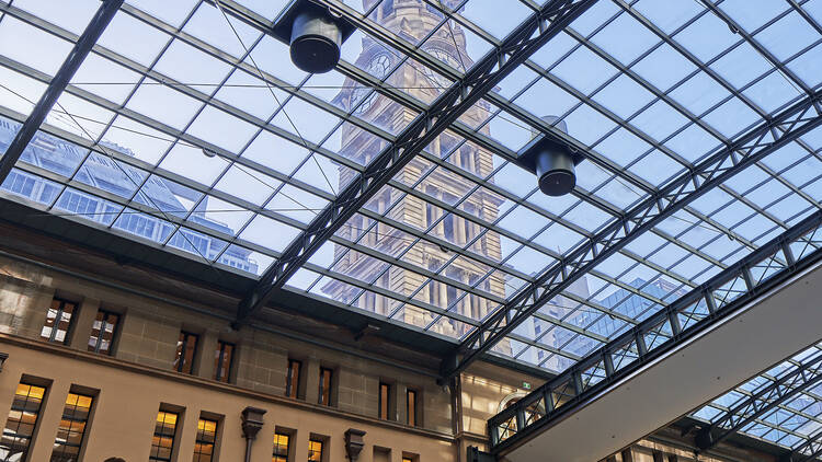 Looking up at the Clock Tower from the atrium of the Fullerton Hotel in Sydney