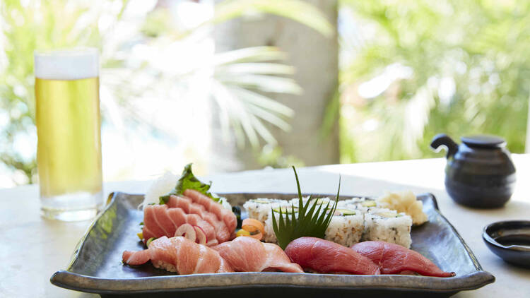 The toro plate at Soko in Santa Monica, which has three slices of sashimi, a set of maki, and four pieces of bluefin tuna nigiri. 