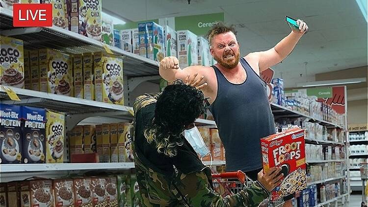An angry looking man goes to punch someone pushing a trolley in a Coles supermarket