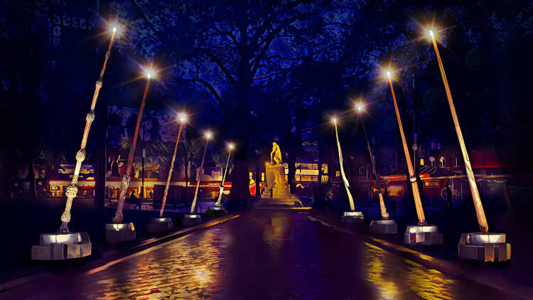 Leicester Square statues lit up