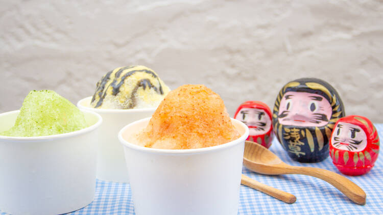 Three different types of kakigori, a Japanese iced dessert, at Sunny Blue in Santa Monica. 