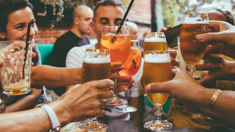 A group of people are sitting at a pub and cheersing their drinks