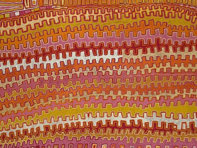 The Purple House, Art Gallery NSW 2021 A gorgeous vibrant work by First Nations artist Patrick Olodoodi Tjungurrayi that looks like rows upon rows of train tracks in various earthen shades