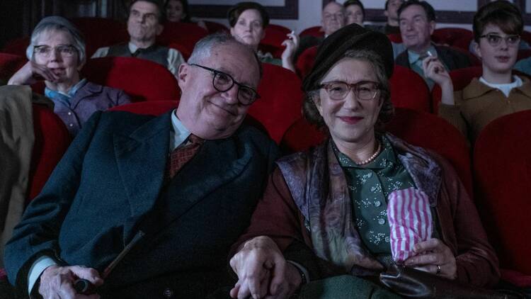 Jim Broadbent and Helen Mirren in 60s clothes in a cinema in British Film Festival highlight The Duke