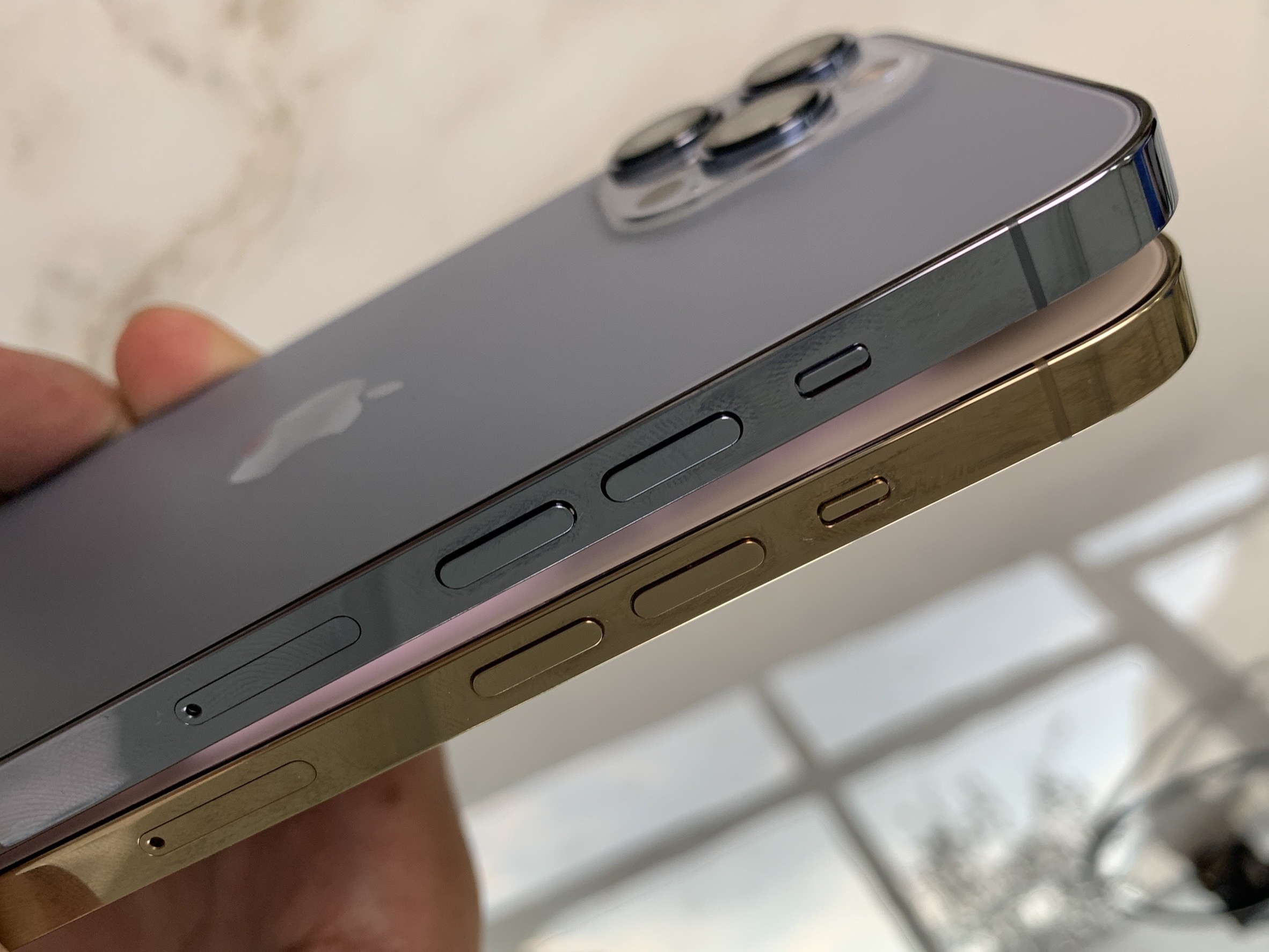 iPhone 12 Pro Max (สีทอง) กับ iPhone 13 Pro Max (สีเซียร์ร่า บลู)