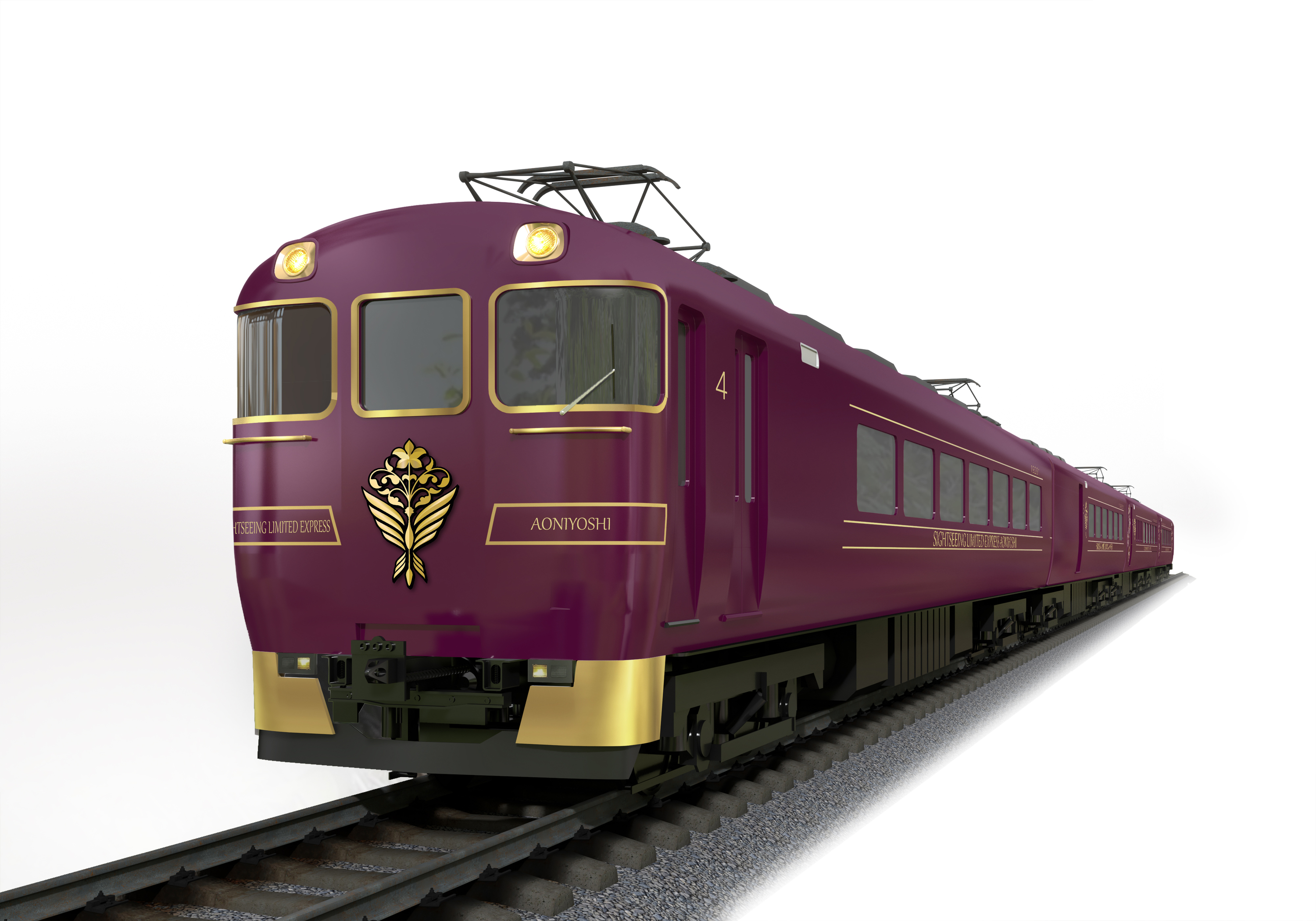 An artist's impression of a dark purple luxury train exterior on tracks, with a white background