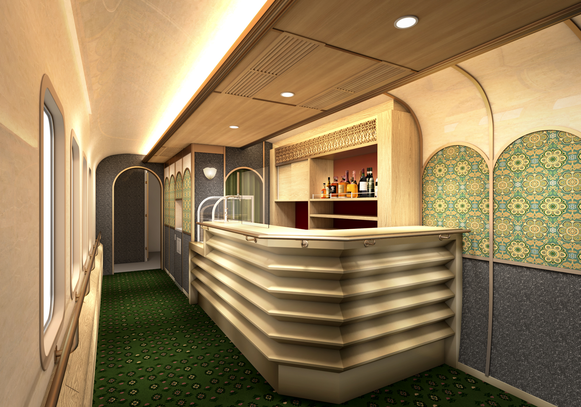 An artist's impression of a luxury train's onboard bar and restaurant, with green carpet and a light wooden bar