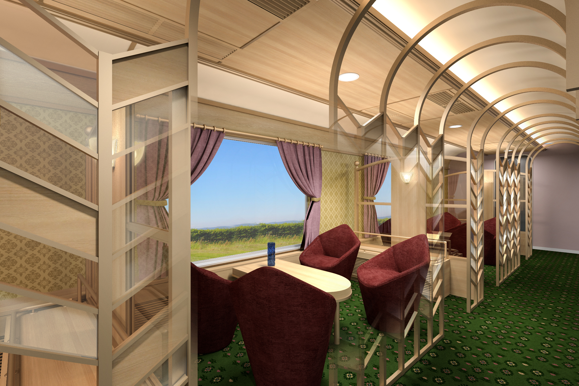 An artist's impression of a train restaurant's seating area, with plush red chairs, large windows and glass partitions between the tables