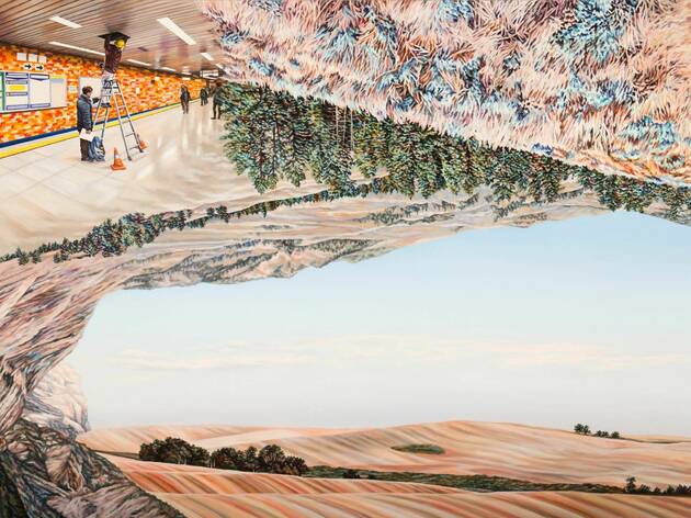 Never Closer, Martin Browne Contemporary 2021 A beautiful oil painting that's a bit surreal melding a desert scape with an upside down forest and repair works in what looks like a tiled underground train station